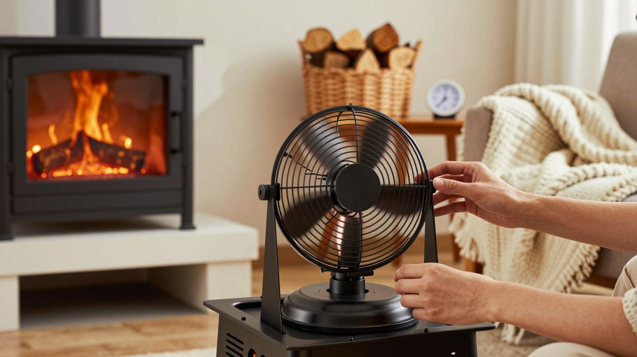 Mãos ajustando ventilador perto de lareira acesa numa sala aconchegante com sofá e cesto de lenha ao fundo.