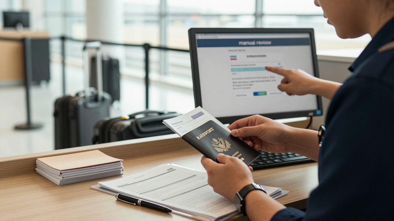 Agente verifica passaporte no balcão de controlo fronteiriço com computador e bagagens ao fundo num aeroporto.