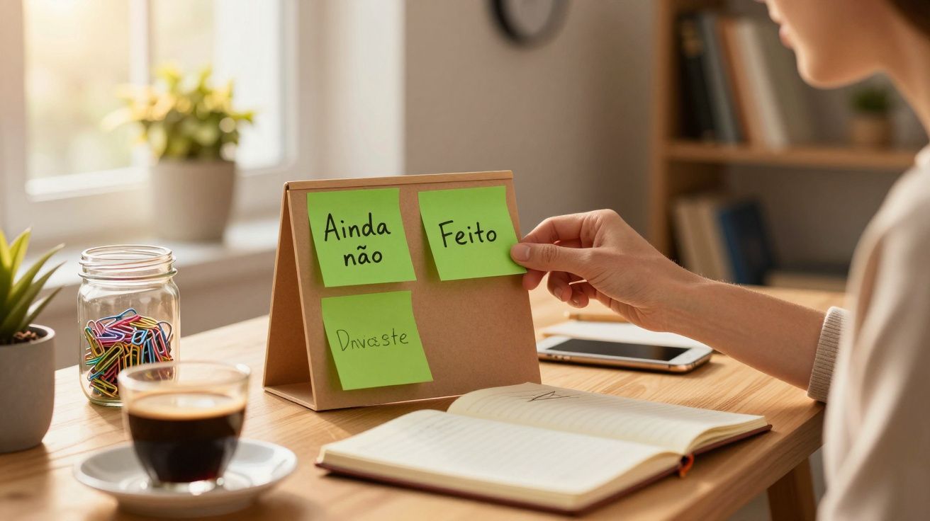 Mulher organiza post-its numa mesa com café, jarro de clipes e caderno.