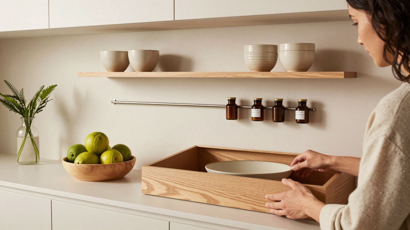 Mulher arruma prateleira na cozinha, com tigelas, maçãs verdes, frascos de especiarias e vaso com folhas.