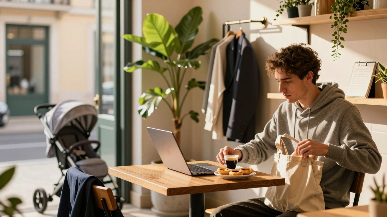 Homem sentado num café, usando portátil e a abrir saco, com café e croissants na mesa; carrinho de bebé ao fundo.