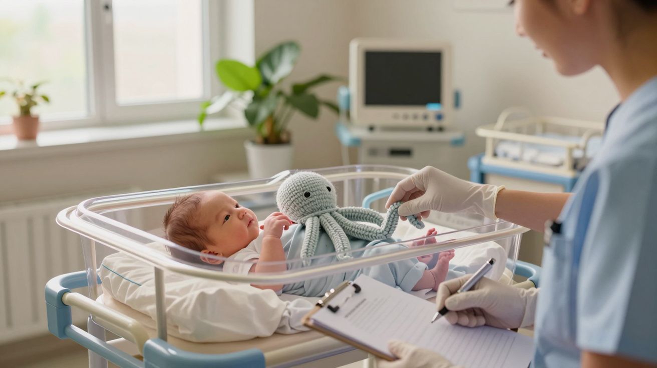 Bebé deitado numa incubadora com peluche, sendo examinado por enfermeira num hospital.