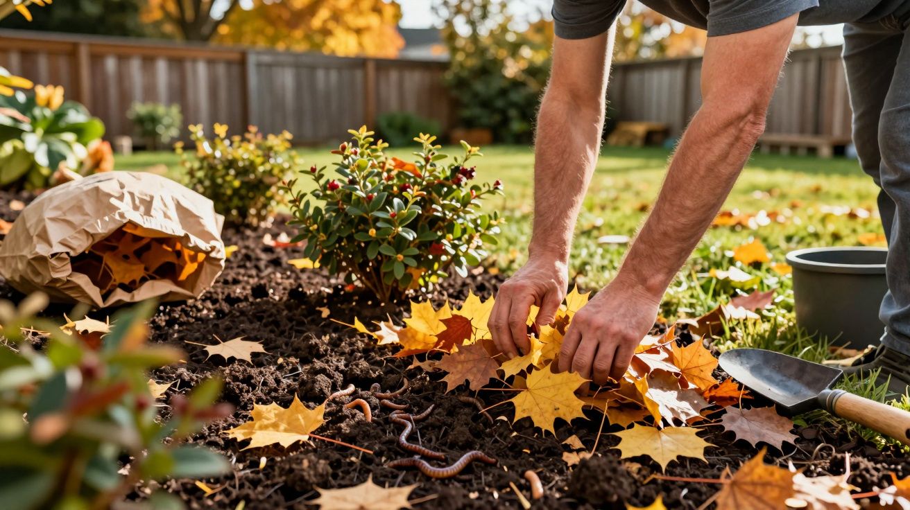 Pessoa a jardinagem no outono, removendo folhas amarelas do solo ao lado de arbustos, com minhocas visíveis.