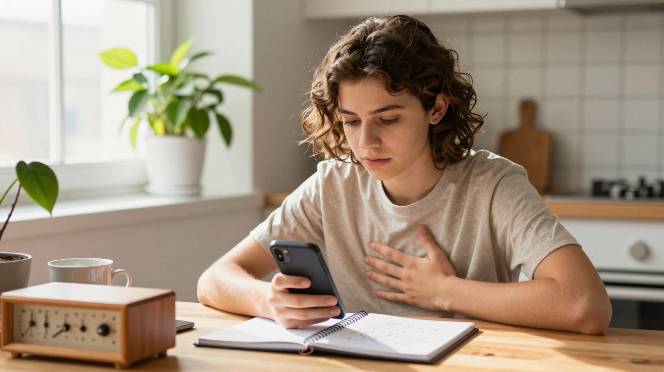 Jovem sentado à mesa da cozinha, olhando para o telemóvel com a mão no peito, ao lado de caderno e caneca.