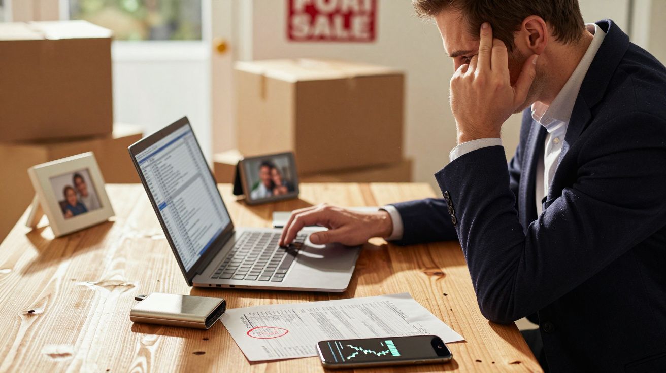 Homem pensativo a usar portátil numa mesa de madeira, com foto de família, papéis e telemóvel à volta. Caixas ao fundo.