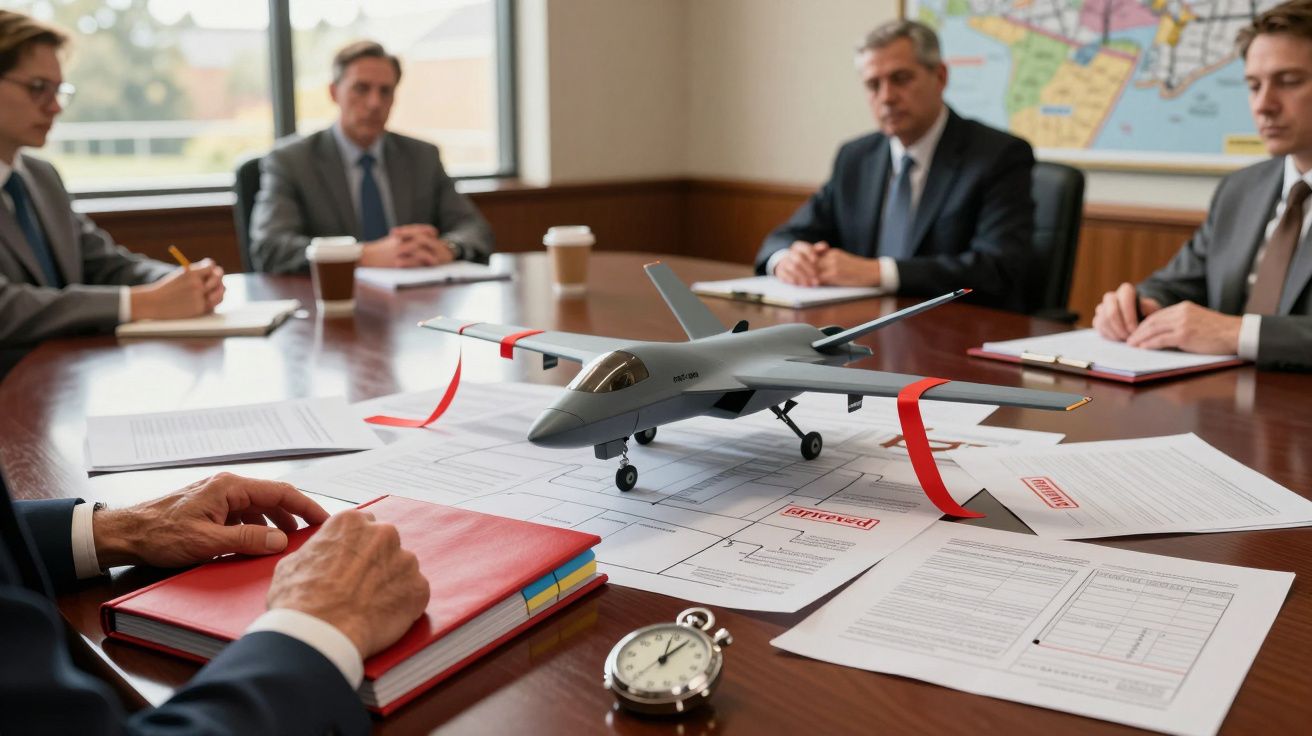 Modelo de avião em miniatura numa mesa de reuniões rodeado por quatro pessoas a discutir documentos.
