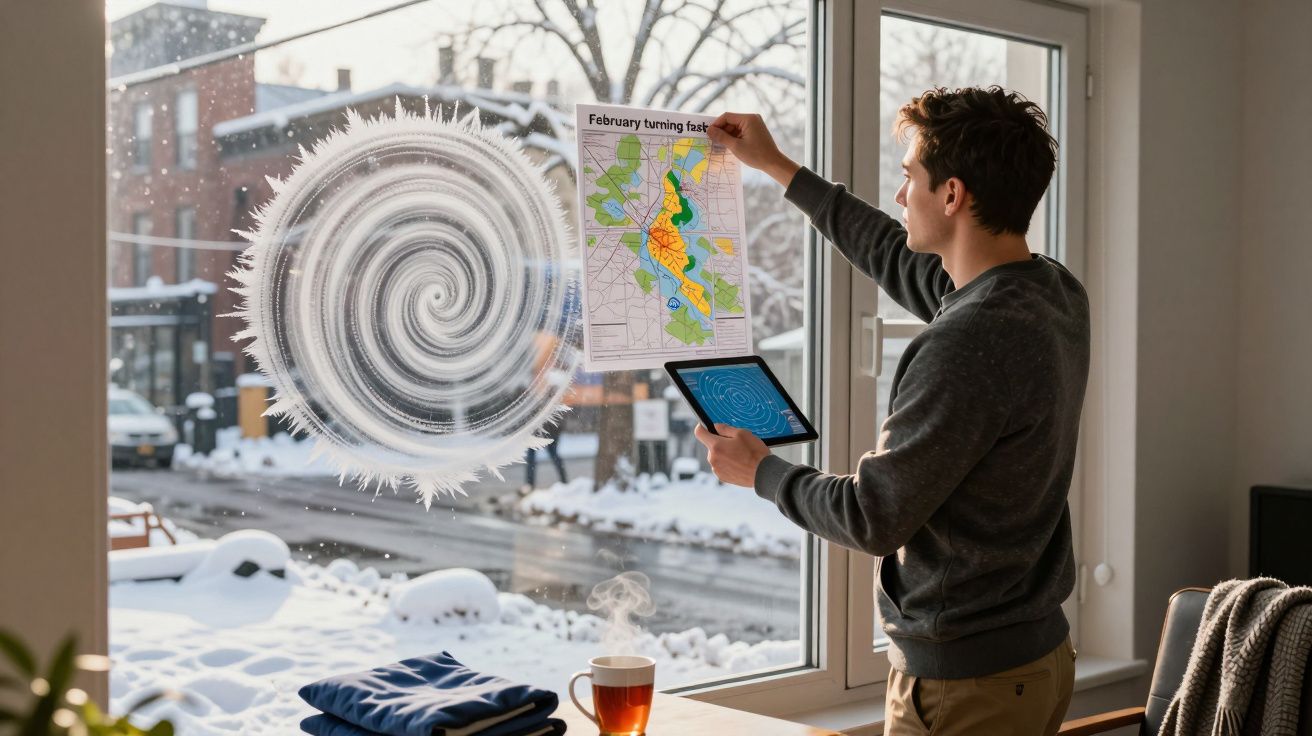 Homem segura mapa e tablet junto a janela com padrão de geada, neve e chá na mesa, vista para rua nevada.