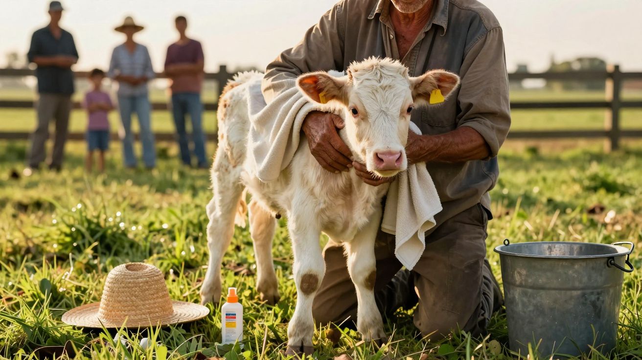 Homem agachado num campo segura um bezerro. Balde, chapéu e loção ao lado. Pessoas ao fundo.