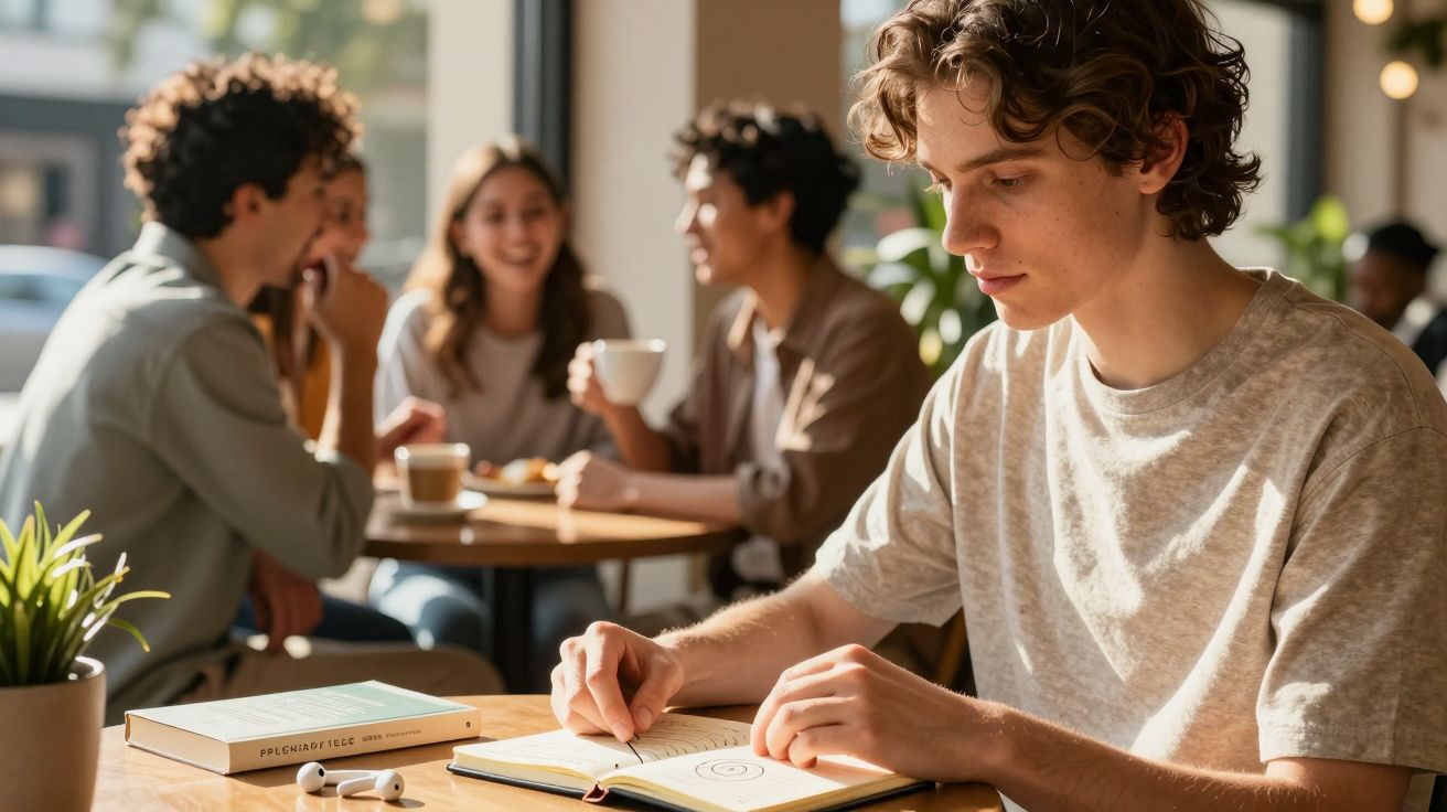 Jovem sentado em café a ler um livro numa mesa, com pessoas conversando ao fundo.