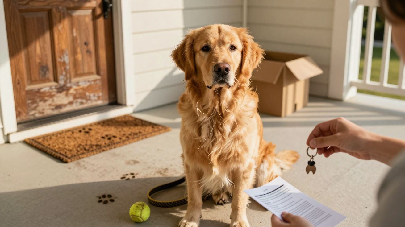Cão Golden Retriever sentado à porta, com bola de ténis e coleira ao lado, enquanto pessoa segura chaves e papéis.