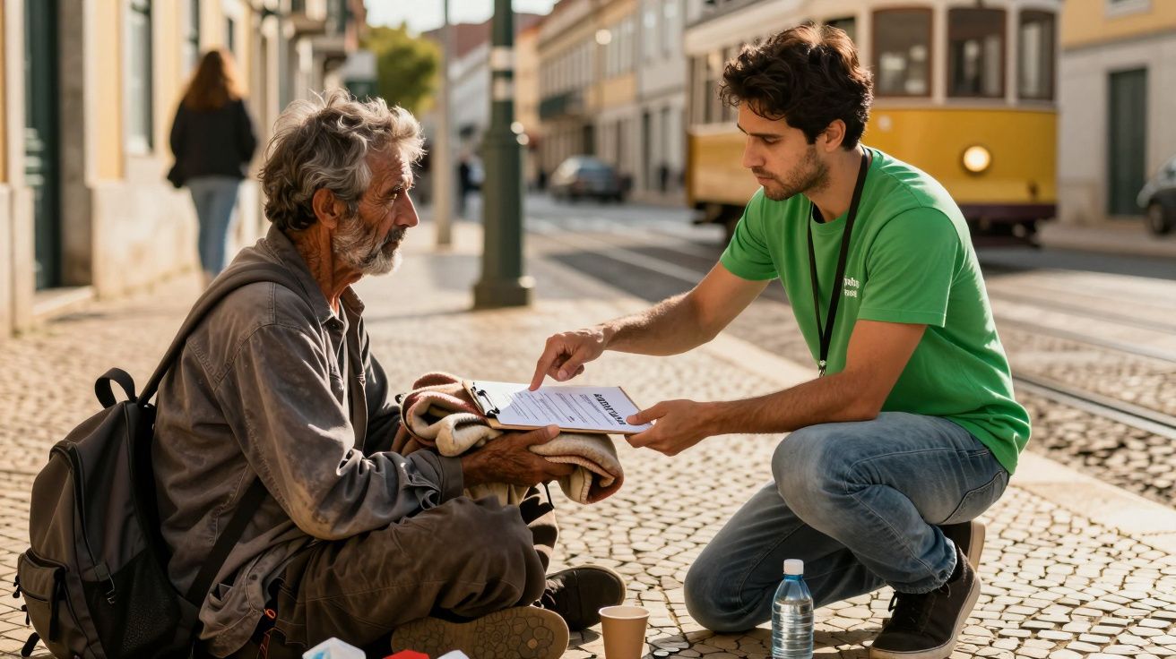 Voluntário ajoelhado ajuda homem sentado na calçada, segurando formulário. Elétrico amarelo ao fundo. Rua de calçada portugue