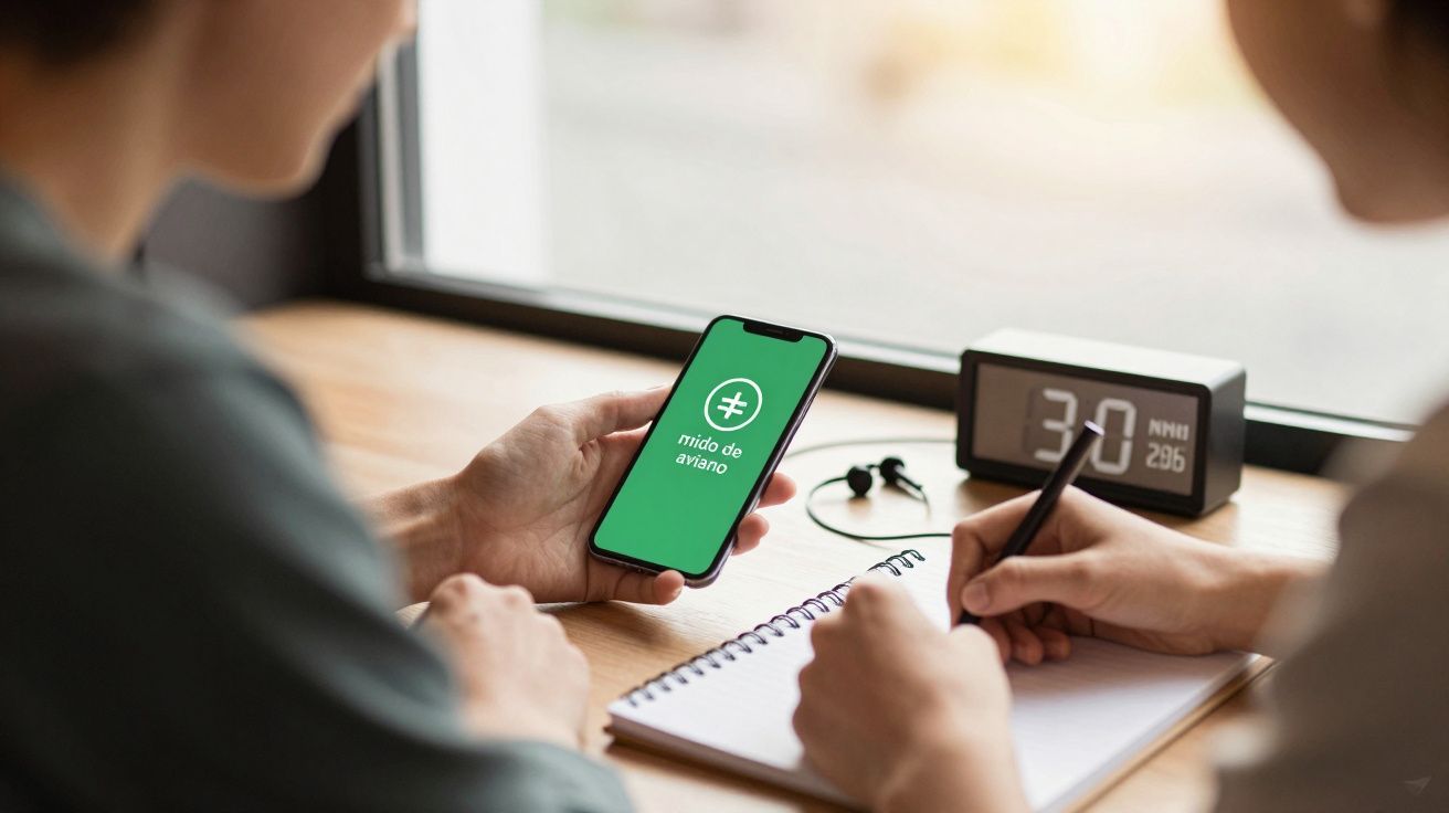 Duas pessoas numa mesa, uma segura um telemóvel com um símbolo verde, outra escreve num caderno. Relógio digital ao fundo.