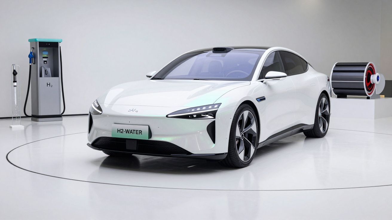 Carro elétrico branco junto a carregador de hidrogénio com fundo minimalista em sala de exposição.