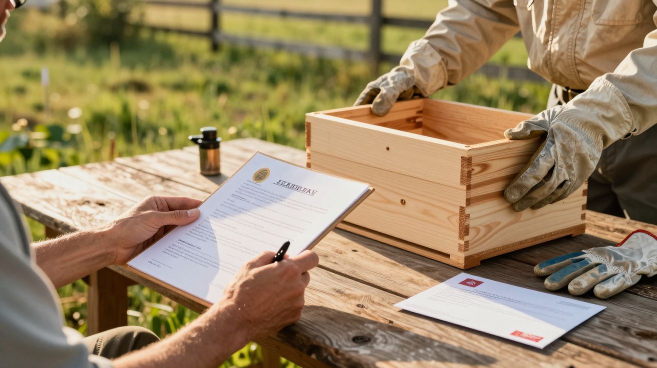 Pessoa assina documento numa mesa de madeira ao ar livre, ao lado de caixa de madeira e equipamento de jardinagem.