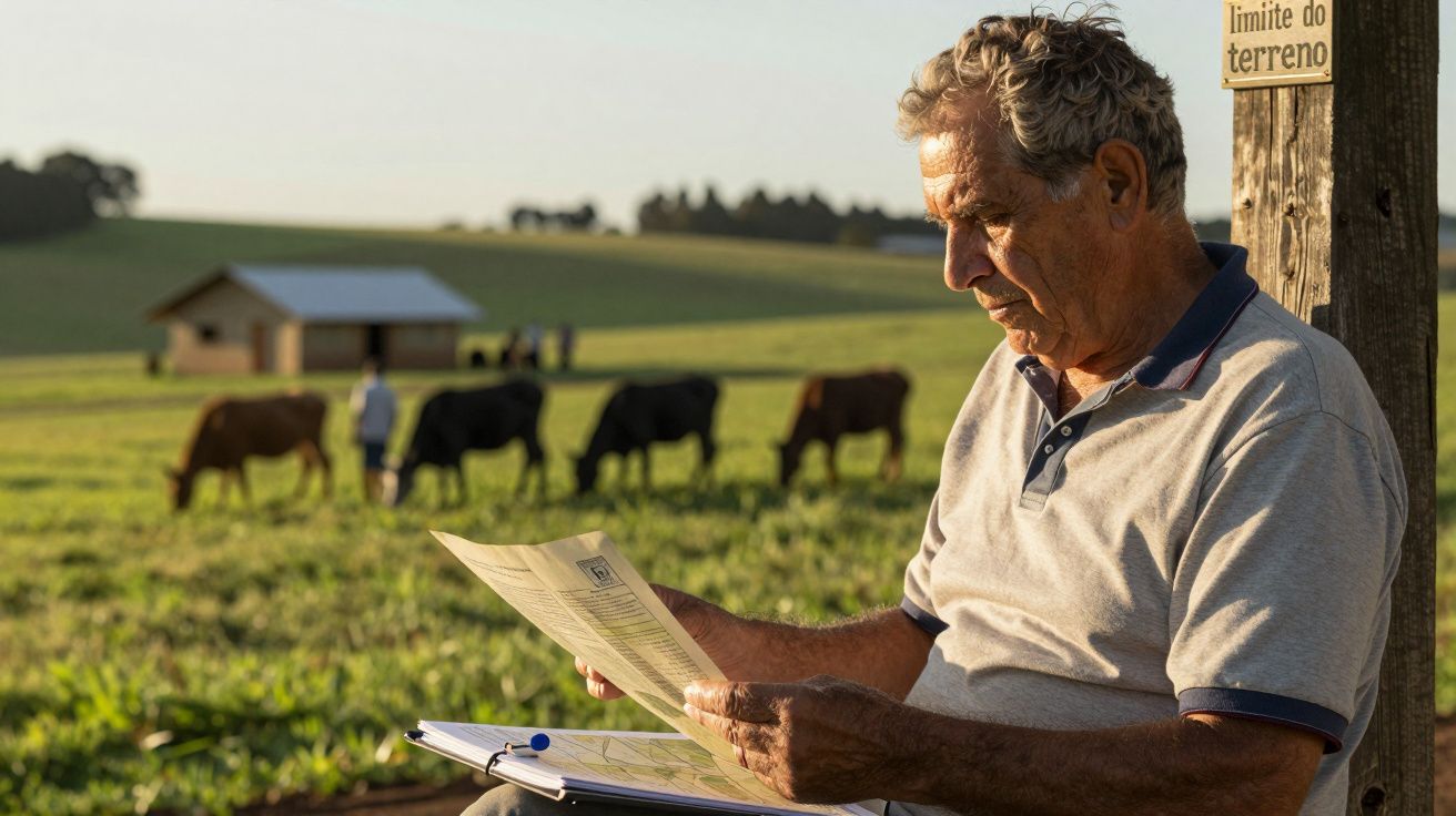 Homem idoso lendo documento num campo verde, com vacas ao fundo e uma placa de limite de terreno.
