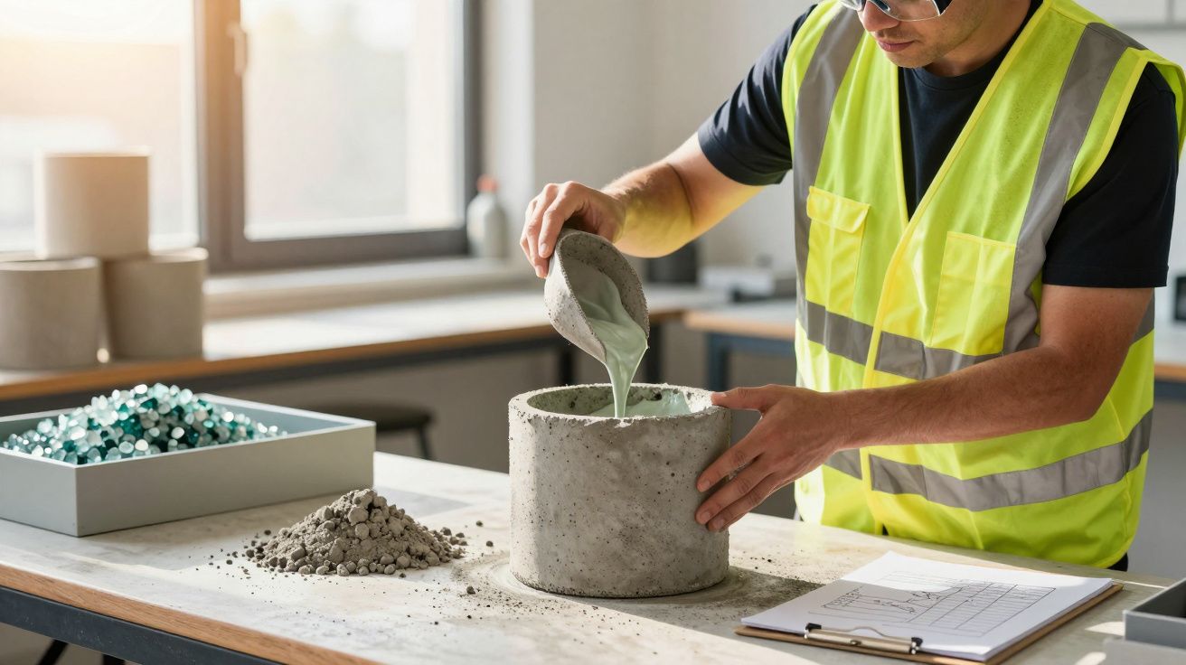 Homem com colete refletor derrama substância em cilindro de cimento numa bancada de trabalho.