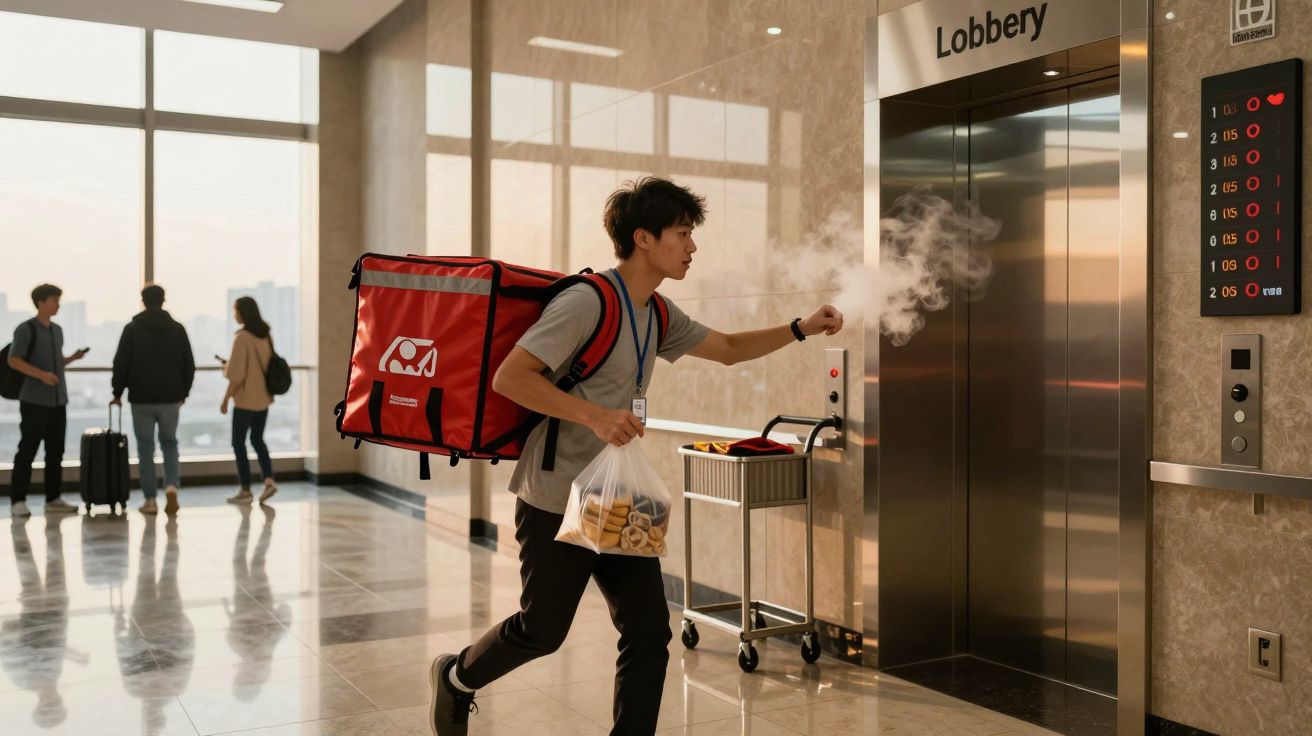 Entregador com mochila vermelha pressiona botão do elevador enquanto segura saco de comida, outros ao fundo.