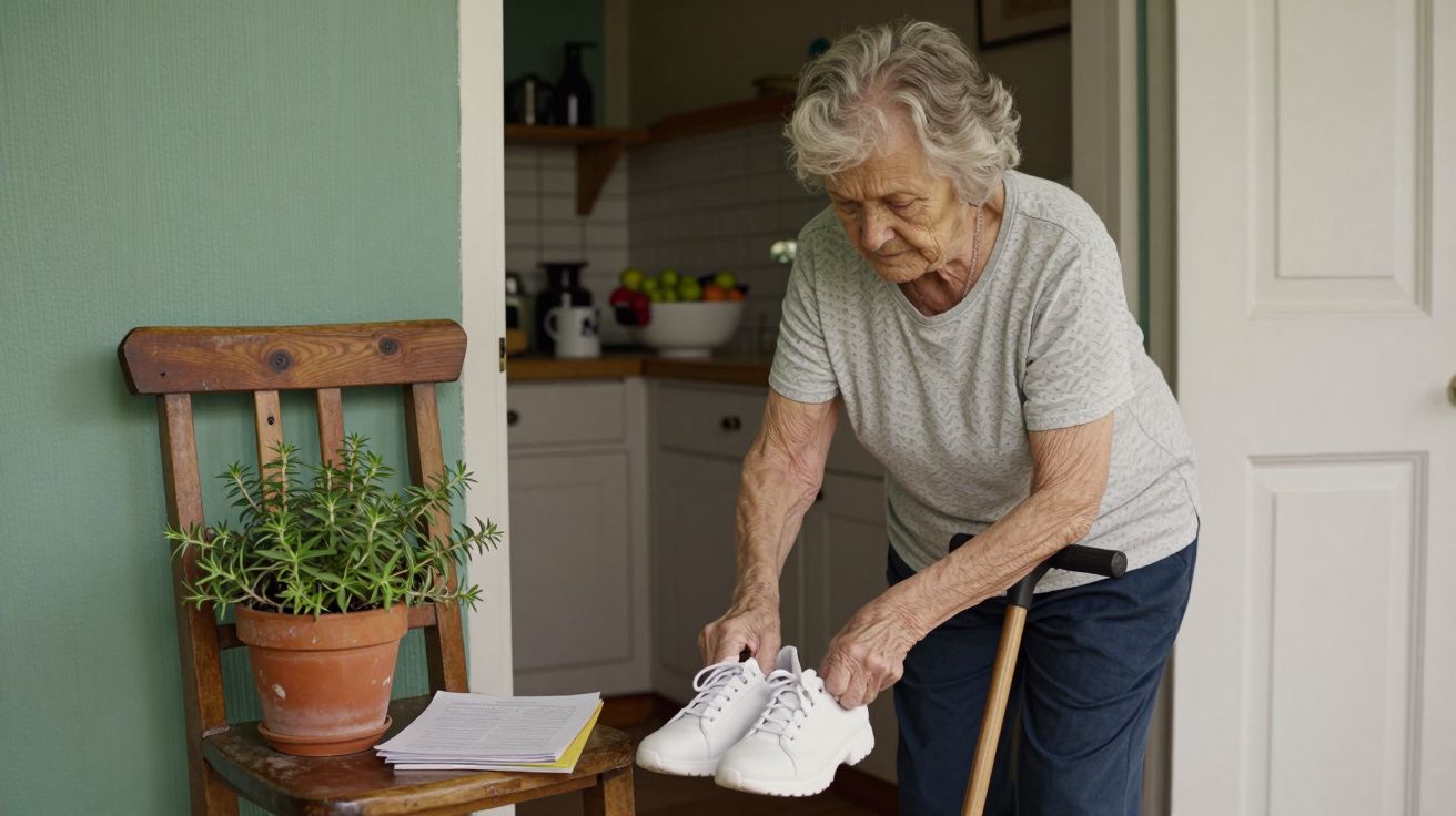 Idosa segura ténis brancos ao lado de uma planta em vaso, apoiada em bengala numa cozinha.