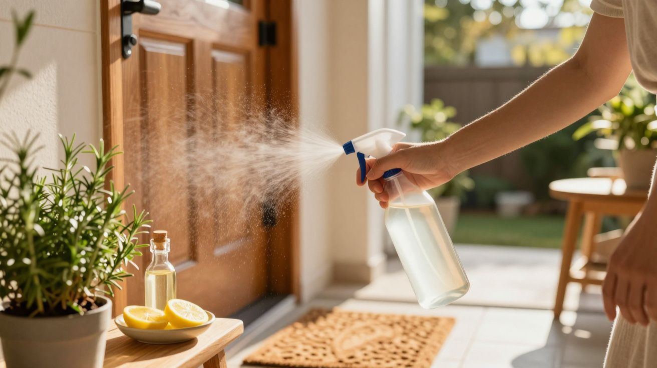 Mão borrifando spray em varanda ensolarada com garrafa de vidro e limões sobre mesa ao lado de porta de madeira.