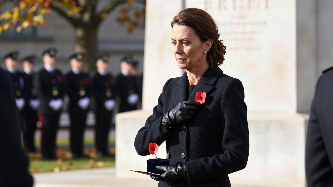 Mulher em cerimónia de homenagem, vestindo preto, segurando papoilas. Pessoas fardadas ao fundo.
