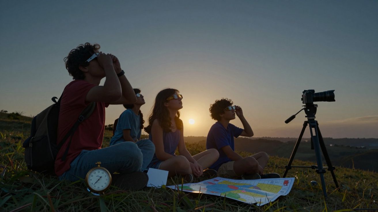 Quatro jovens sentados numa colina observam o pôr do sol com óculos especiais, perto de uma câmara e um mapa.