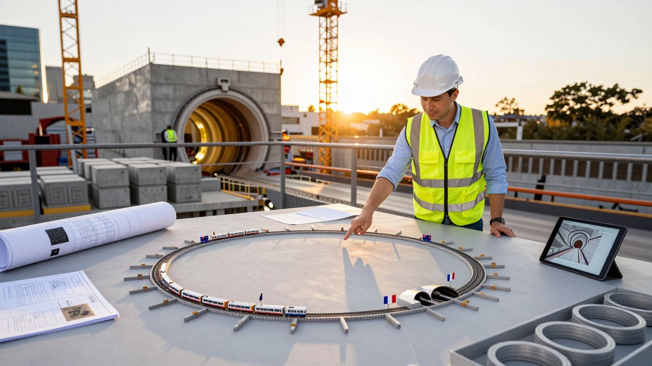 Engenheiro de capacete e colete reflete sobre maquete de túnel em obra, com papéis e tablet na mesa.