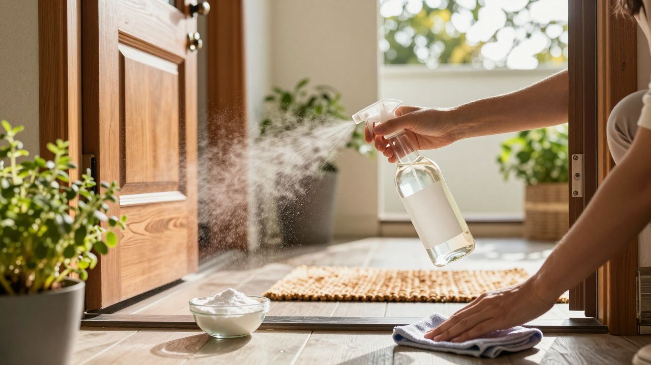 Mão a pulverizar solução de limpeza perto de porta aberta, com taça e pano no chão, plantas ao fundo.