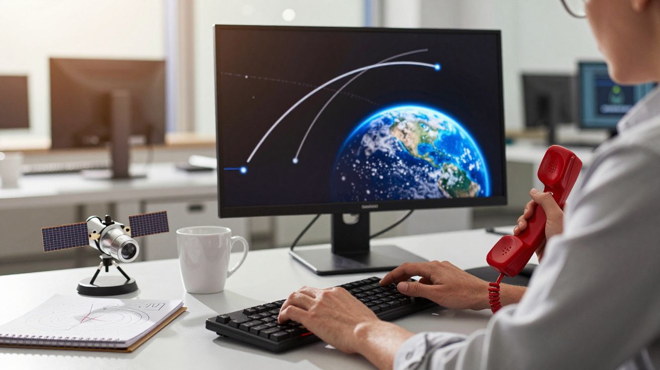 Pessoa no escritório analisa trajeto de satélites no monitor, com telefone vermelho e modelo de satélite à mesa.