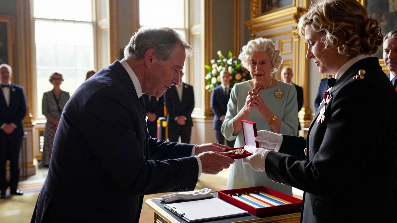 Homem a receber condecoração de mulher fardada, com outra mulher a observar em sala elegante.