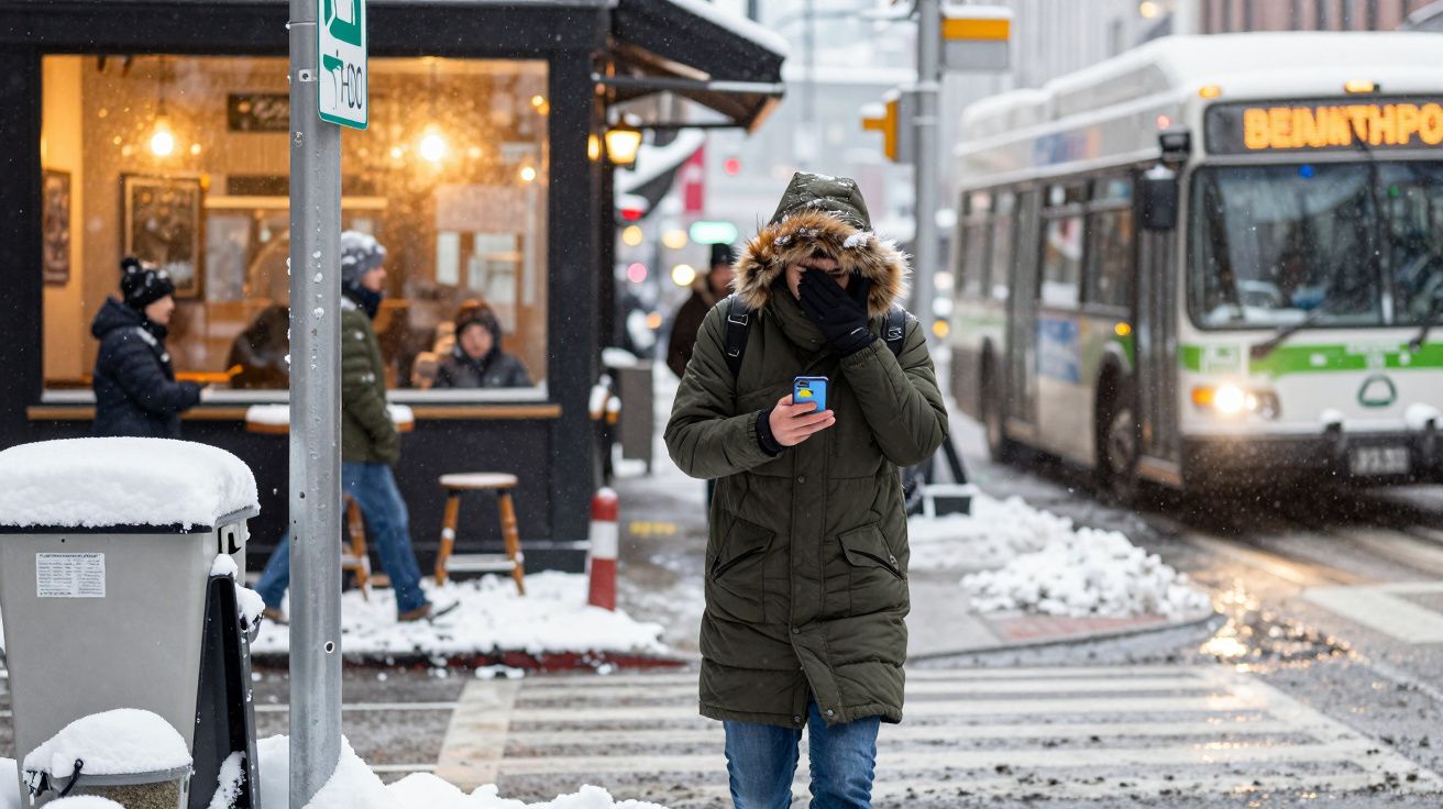 Pessoa com casaco de inverno usa telemóvel na rua nevada; autocarro e café ao fundo.