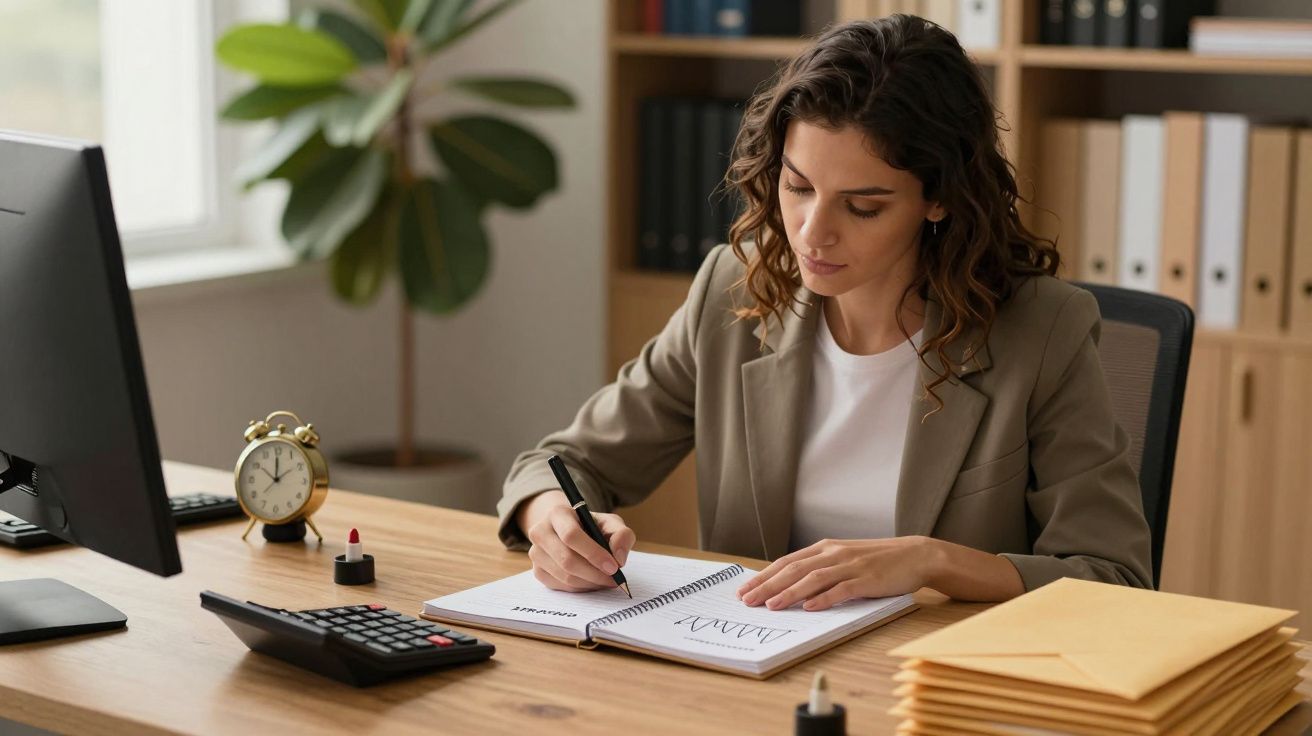 Mulher escrevendo num caderno em secretária organizada, com relógio, calculadora, envelopes e computador.