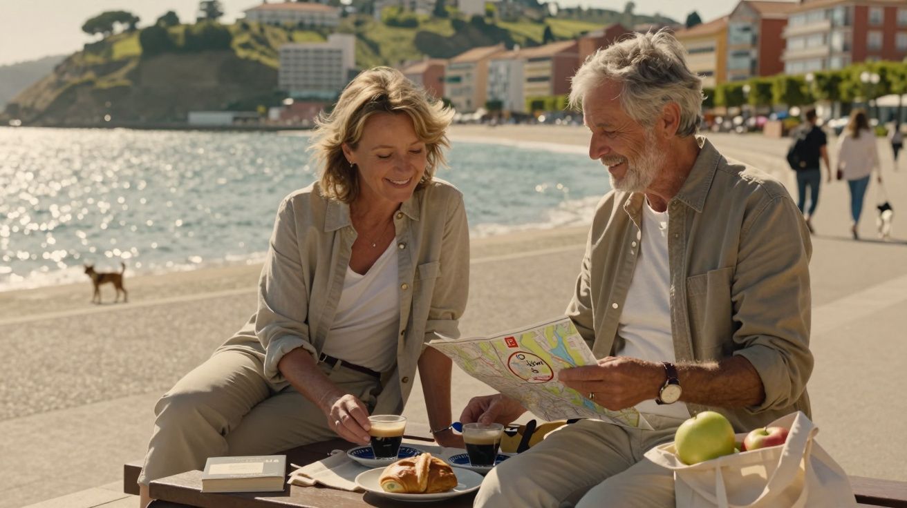 Casal idoso sentado junto ao mar, a ler um mapa e a tomar café com croissant numa tarde ensolarada.
