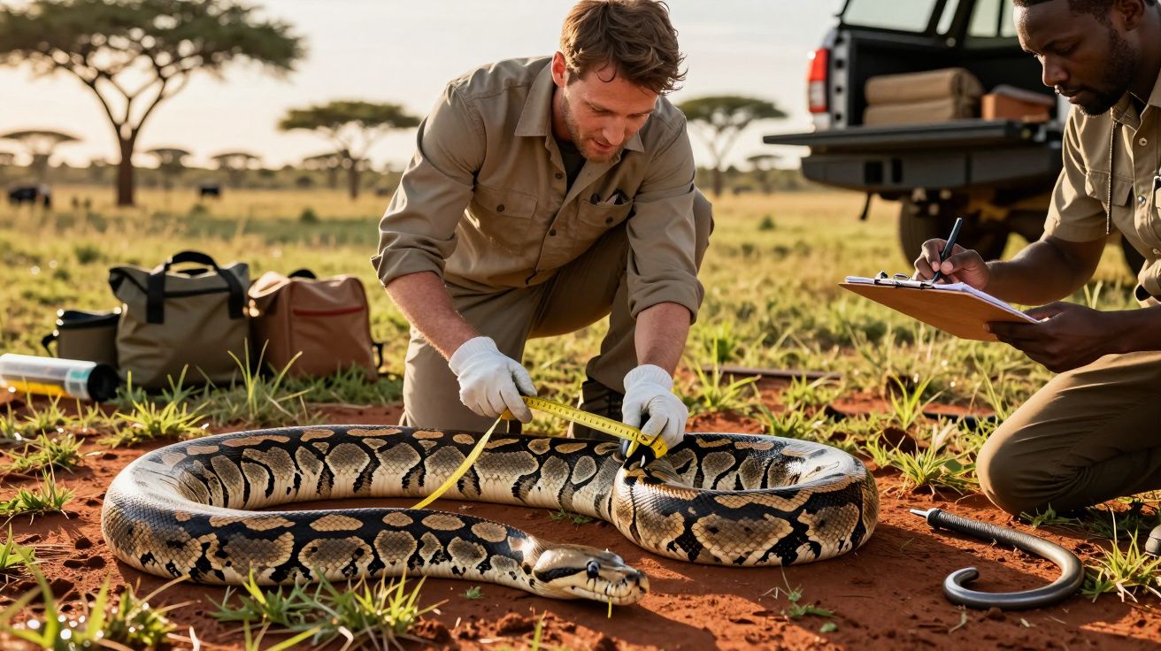 Dois investigadores medem uma grande cobra no campo, com equipamento de investigação ao fundo.