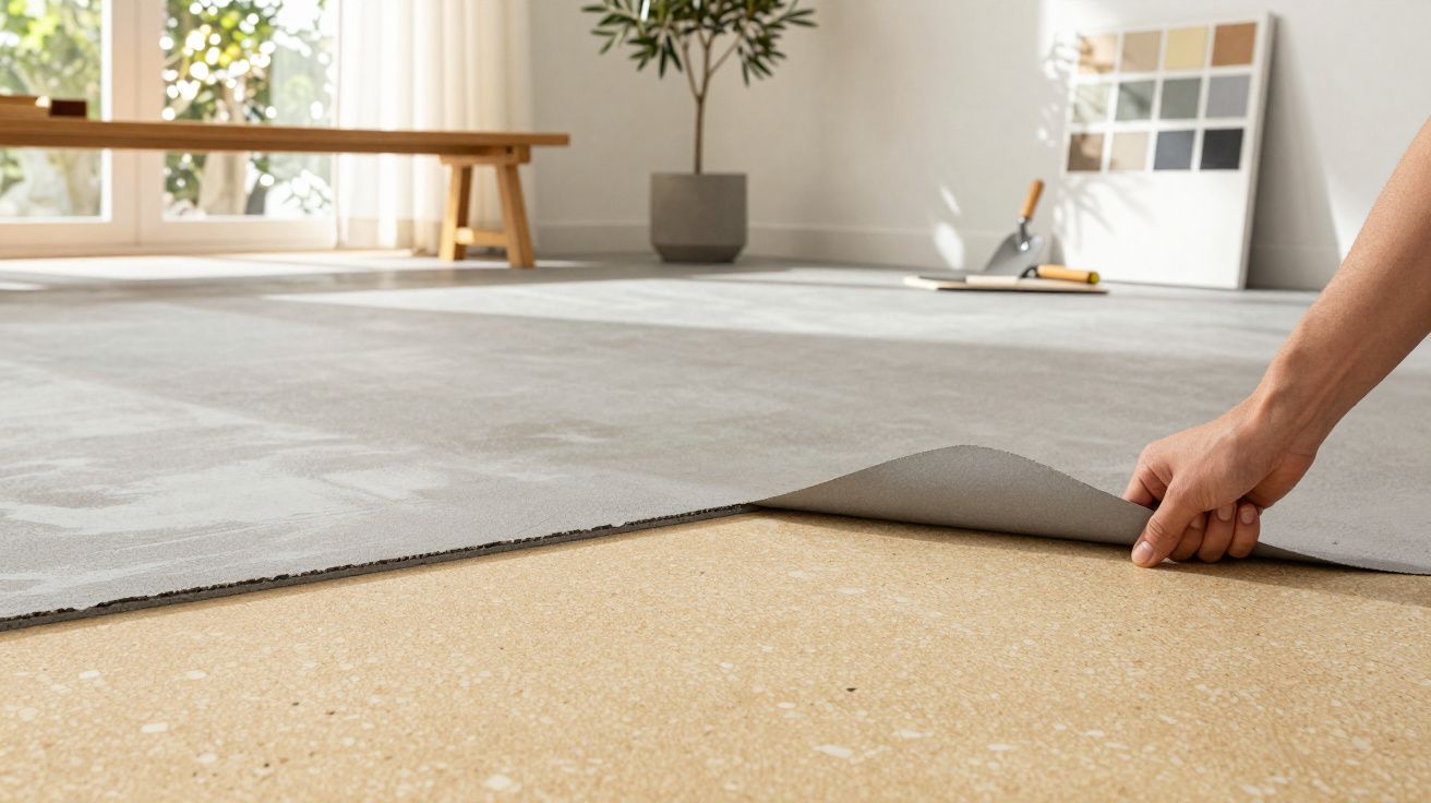 Pessoa instala carpete cinza numa sala bem iluminada com banco de madeira e planta.