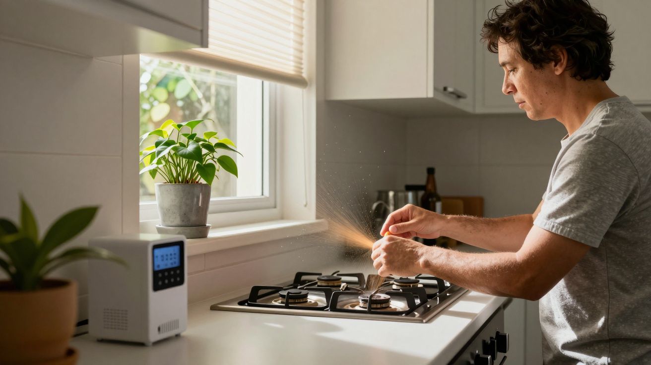 Homem acende fogão a gás em cozinha iluminada por janela, com plantas em cima do balcão.