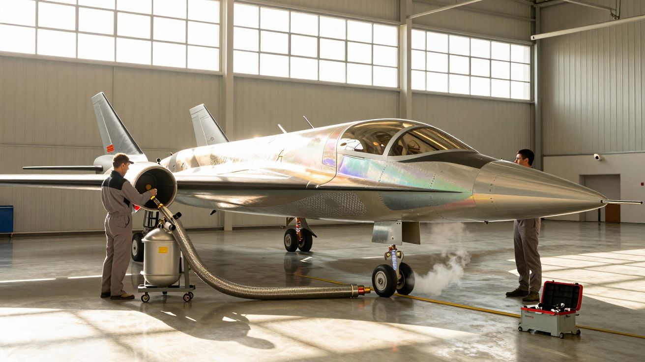 Dois técnicos a preparar um avião prateado num hangar iluminado, usando equipamento de manutenção.