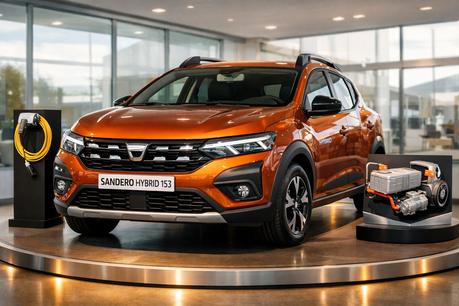 Carro Dacia Sandero Hybrid 153 laranja em exibição com cabos de carregamento e motor elétrico ao lado.