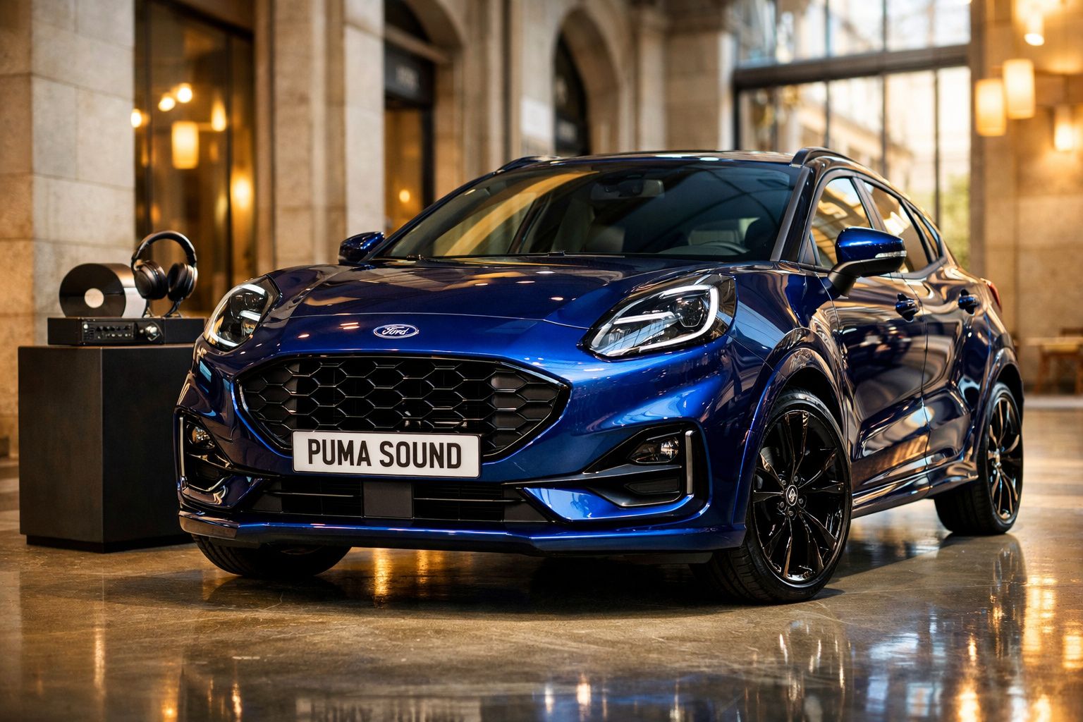 Carro azul Ford Puma com portas abertas em showroom bem iluminado.
