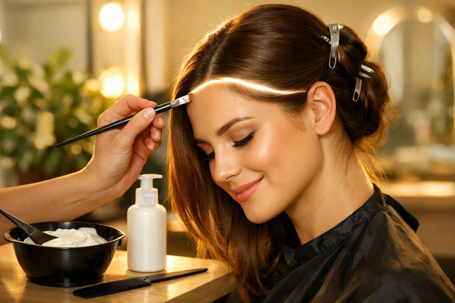 Mulher num salão de beleza com cabelo preso, recebe tintura na testa; utensílios de cabeleireiro ao lado.