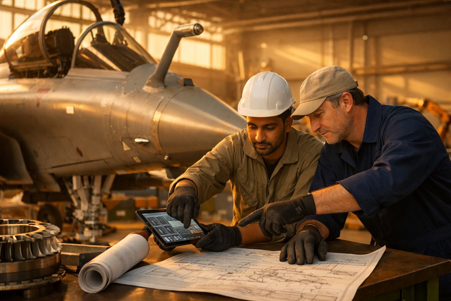 Piloto de caça cumprimenta homem de terno num hangar com aviões ao fundo.