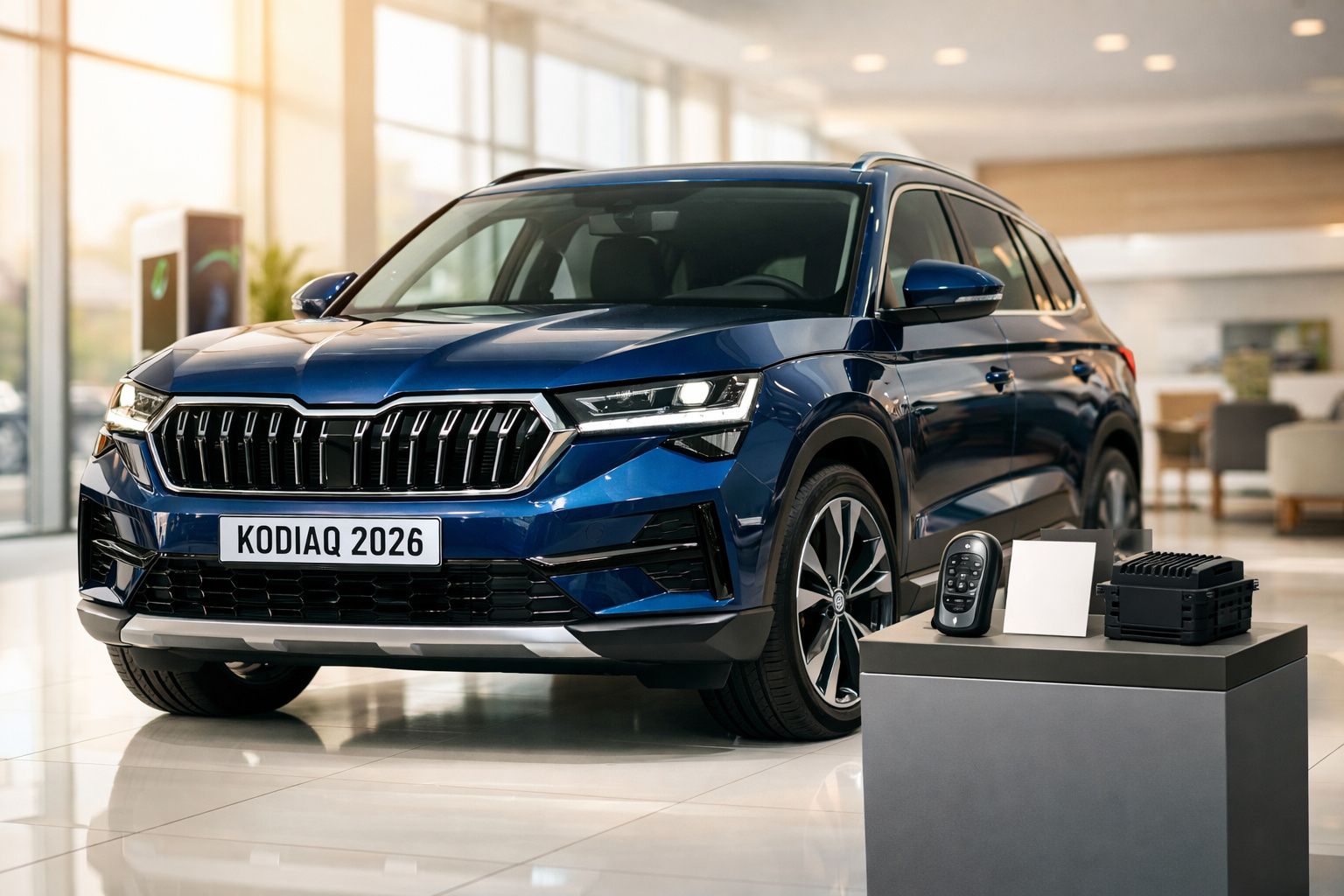 SUV azul, estacionado num showroom automóvel, com estação de carregamento e motor exposto ao lado.