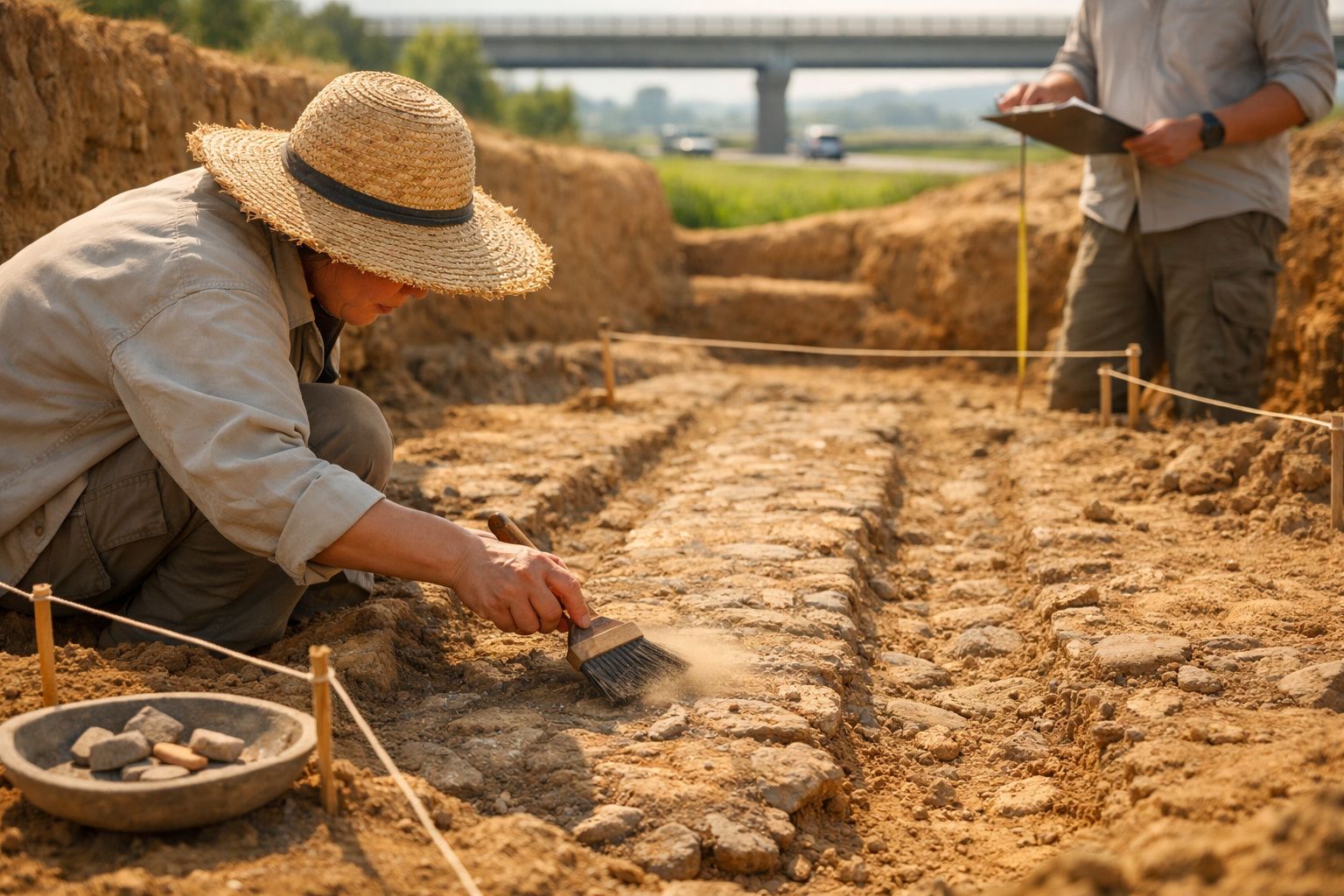 Arqueólogo com chapéu escava estrada antiga, usando pincel. Outro profissional toma notas ao fundo.