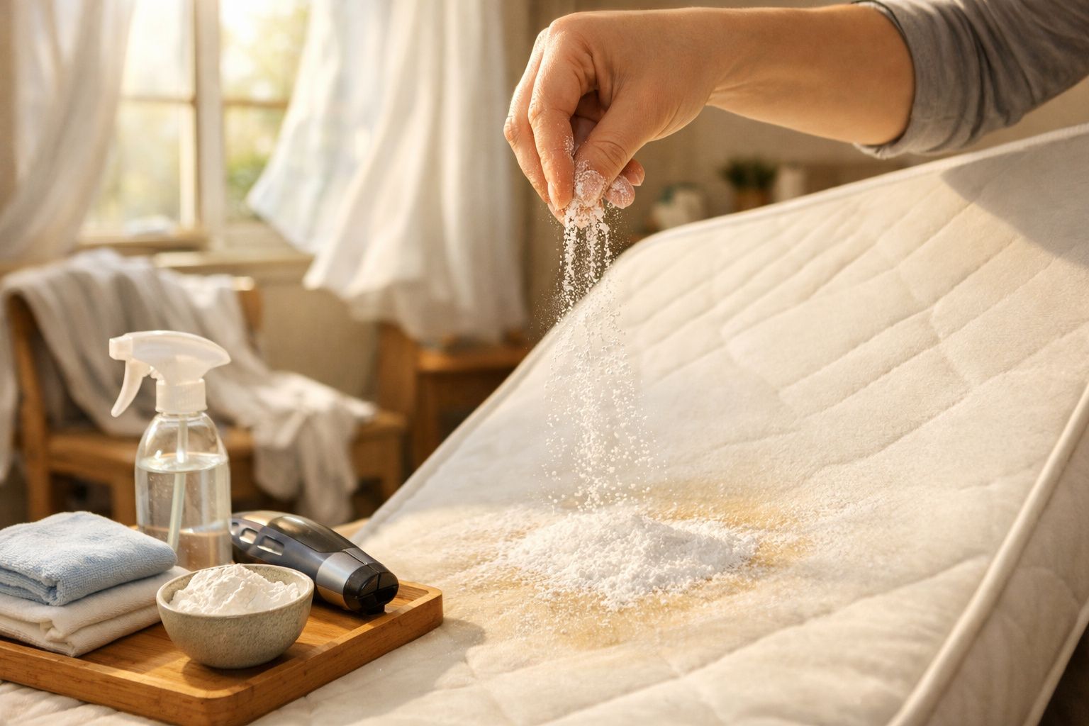 Mão polvilhando pó sobre colchão, com borrifador e tigela por perto, em quarto iluminado.