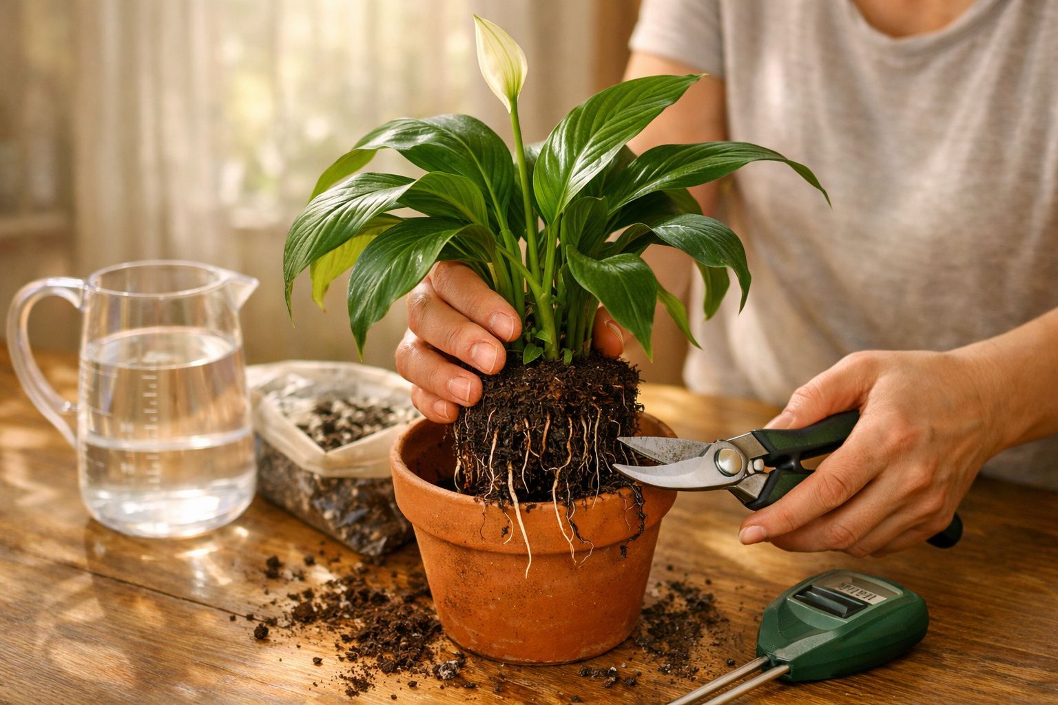 Mãos transplantando uma planta para um vaso de barro, com terra e regador sobre a mesa de madeira iluminada pela luz solar.