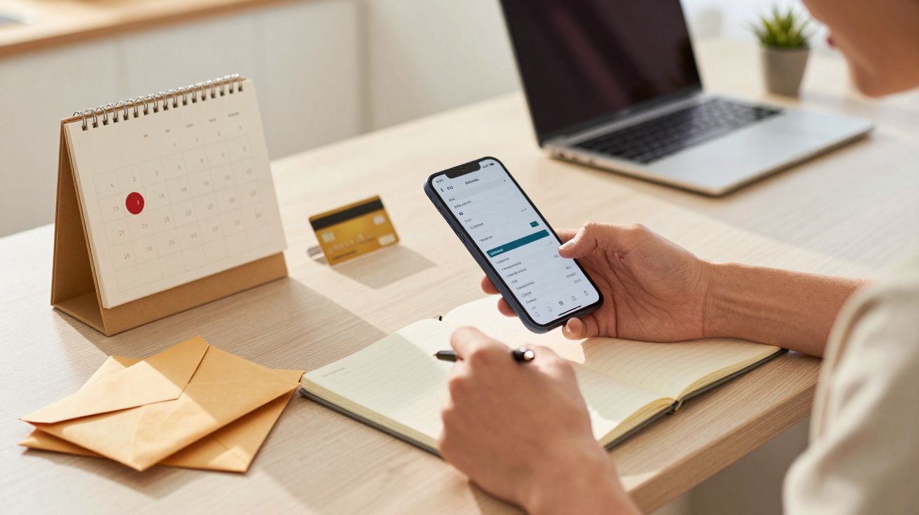 Pessoa segura telemóvel à secretária com portátil, bloco de notas e calendário. Envelopes e cartão de crédito ao lado.