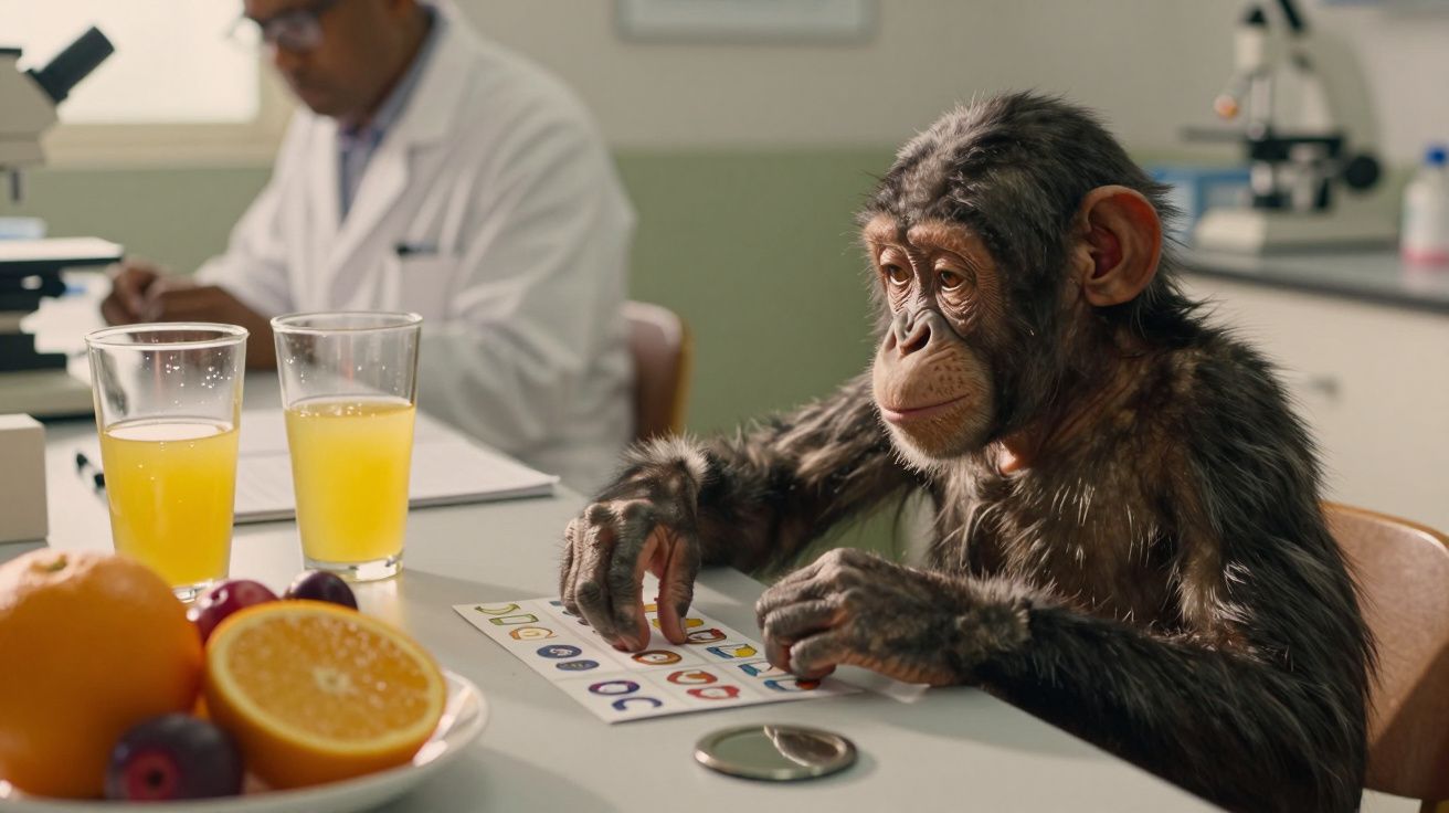 Chimpanzé num laboratório com frutas e sumo sobre a mesa, observando uma folha de papel; cientista ao fundo.