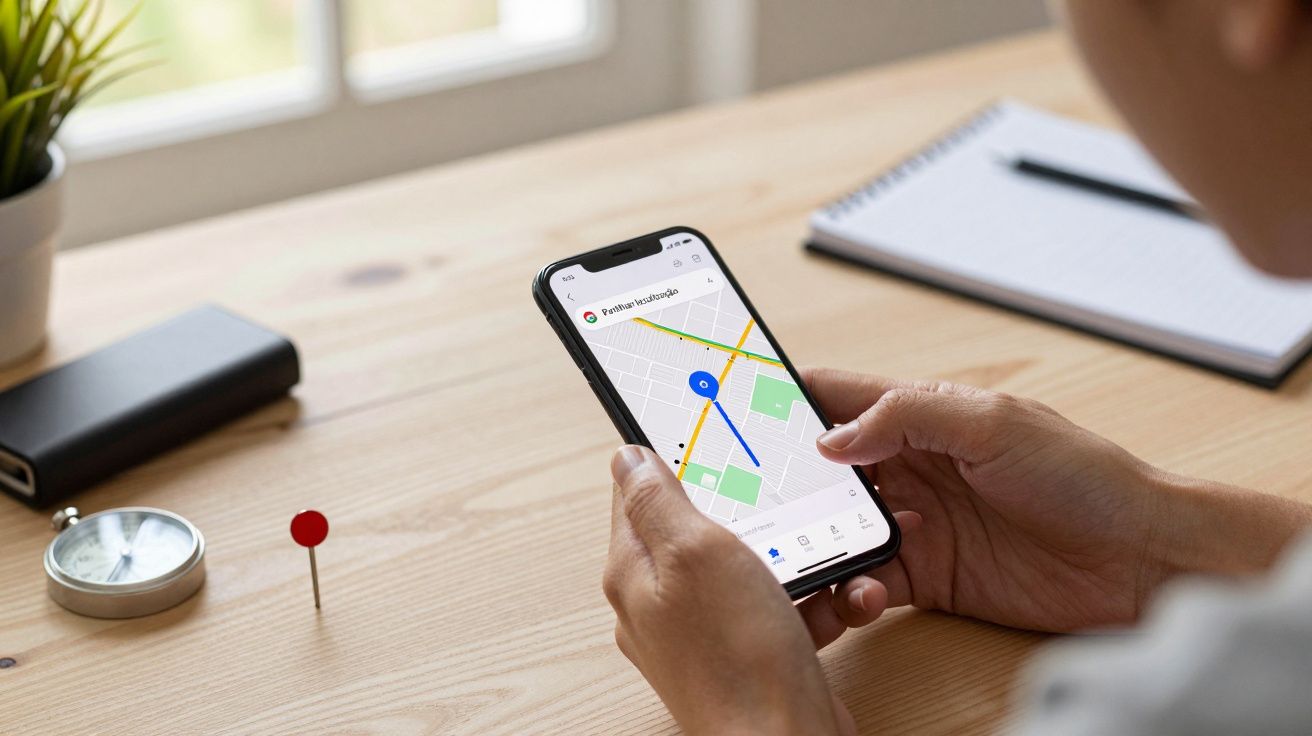 Pessoa a utilizar uma aplicação de mapas no smartphone, numa mesa com bloco de notas e alfinete vermelho.