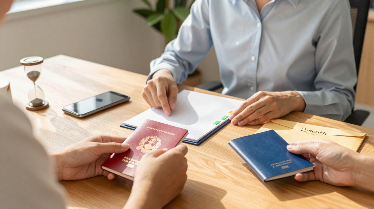 Duas pessoas seguram passaportes enquanto outra pessoa aponta para documentos em cima de uma mesa.