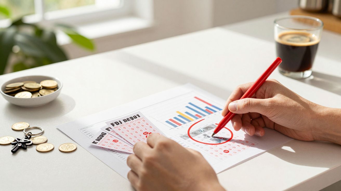 Pessoa a preencher boletim de lotaria com caneta vermelha; moedas e café na mesa.