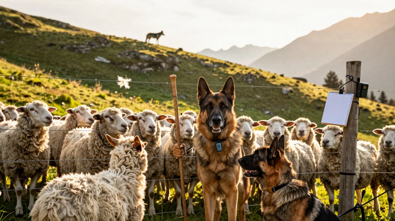 Cães pastores e rebanho de ovelhas em campo montanhoso ao pôr do sol, com montanhas ao fundo.